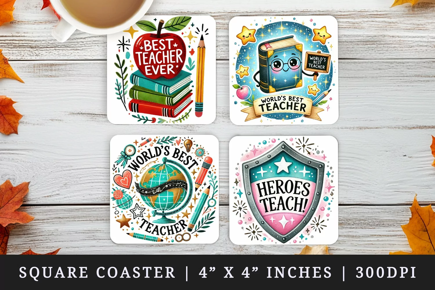 Watercolor best teacher ever globe shield apple with books chalkboard sparkles appreciation quote print square coaster mug coasters sublimation design