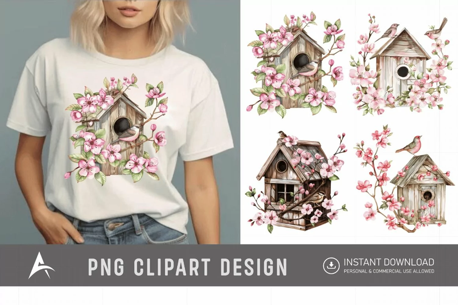Watercolor Bird House blossoms Clipart product image 1