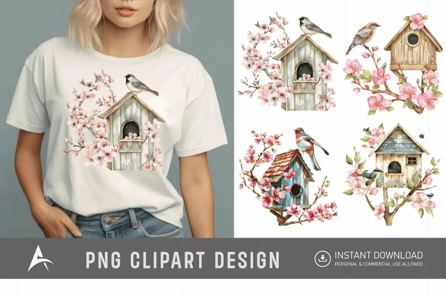 Watercolor Bird House blossoms Clipart product image 1