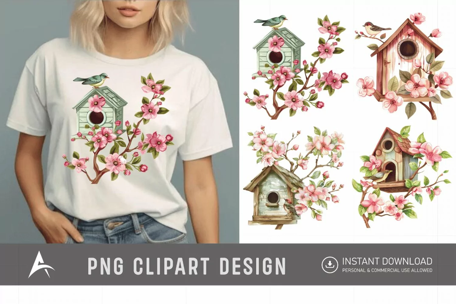 Watercolor Bird House blossoms Clipart product image 1