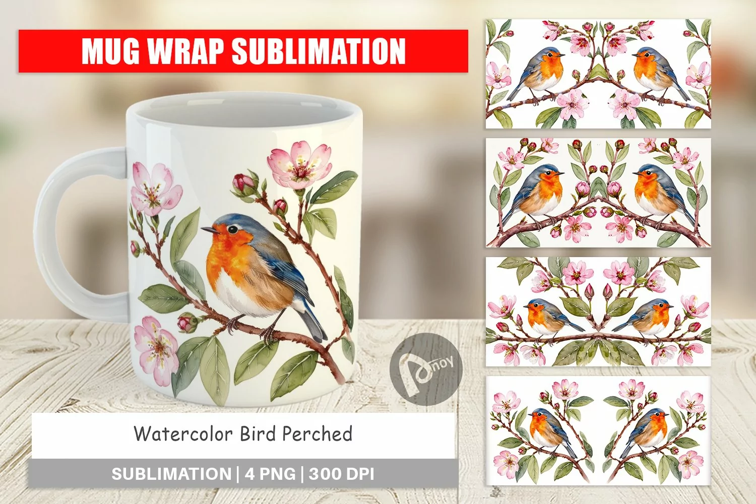 Mug Wrap Design Watercolor Bird Perched product image 1