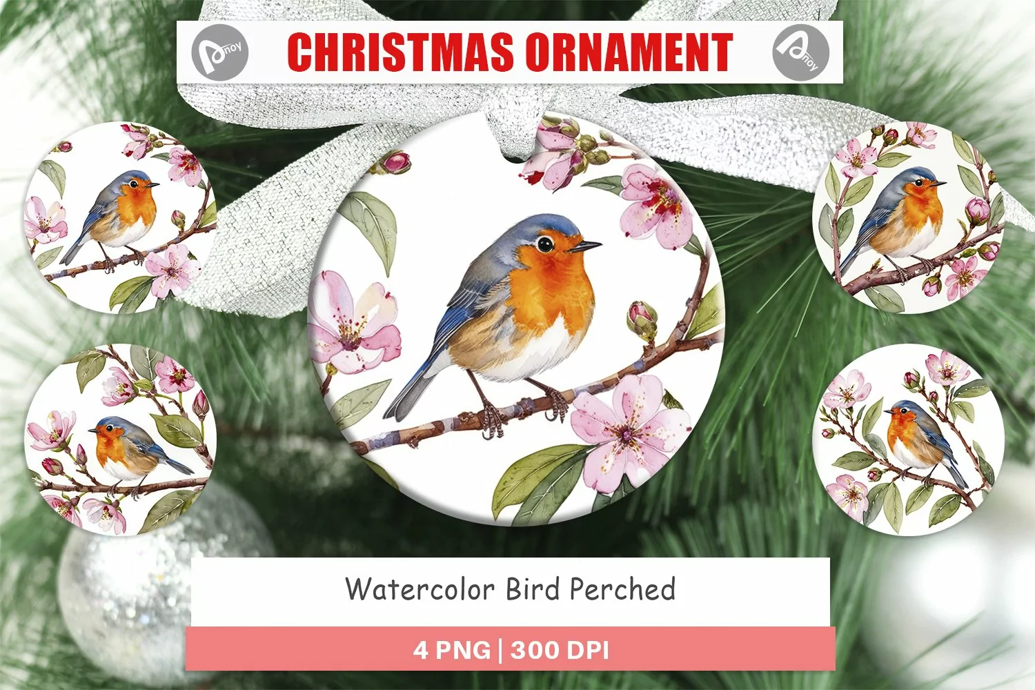 Christmas Ornaments Watercolor Bird Perched product image 1