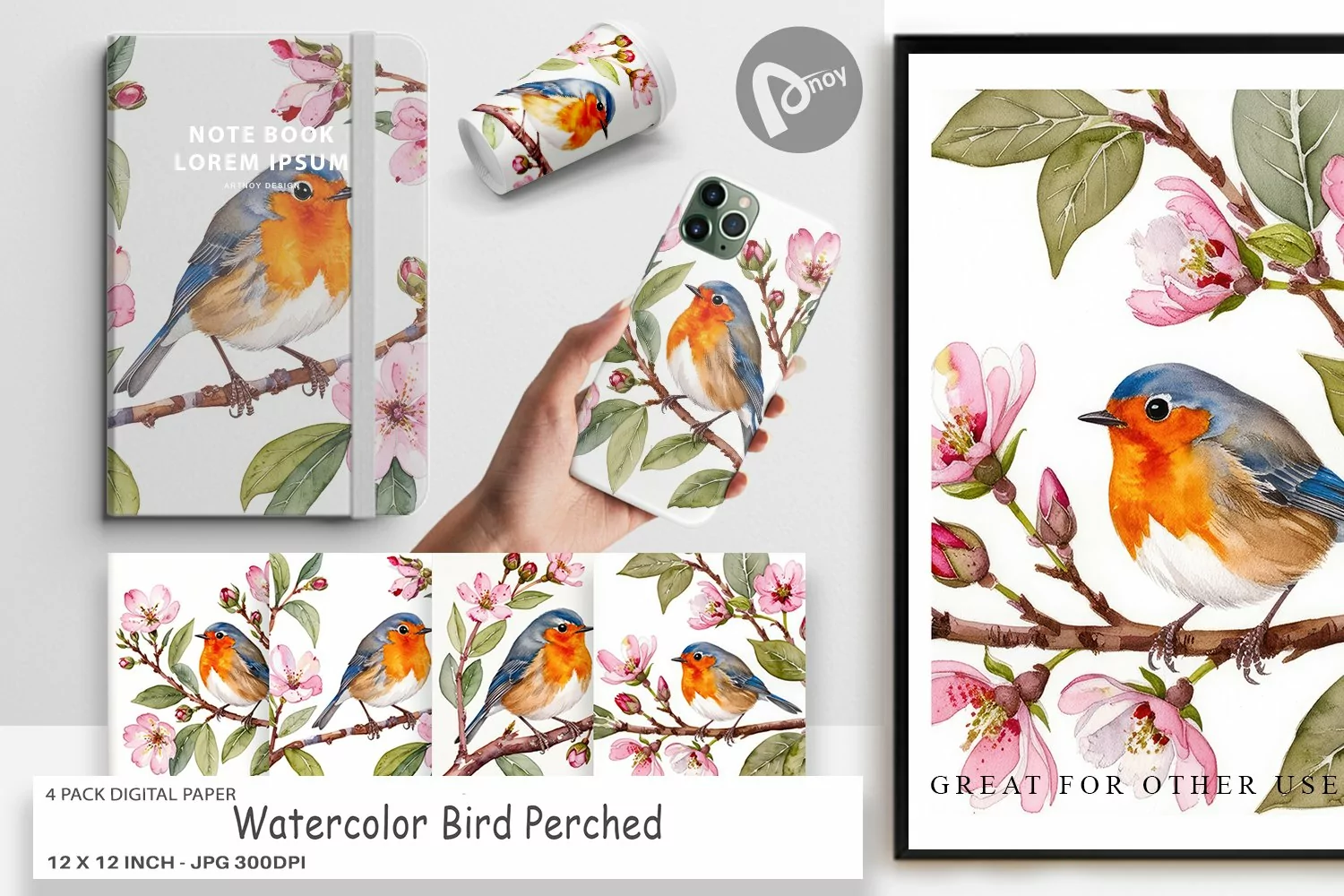 Digital Paper Watercolor Bird Perched product image 1