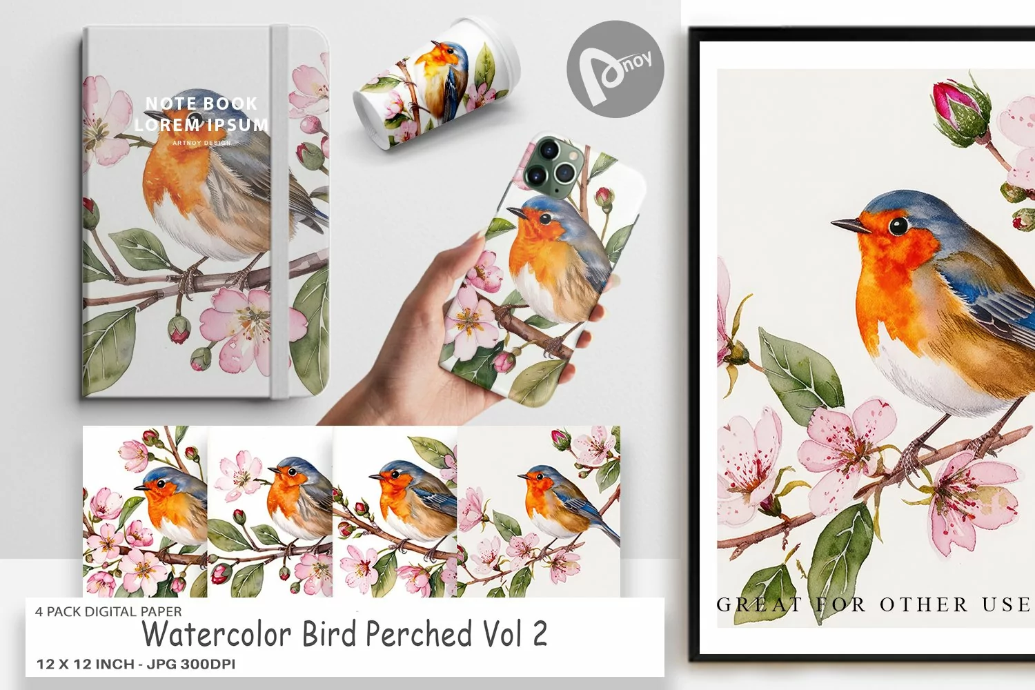 Digital Paper Watercolor Bird Perched product image 1