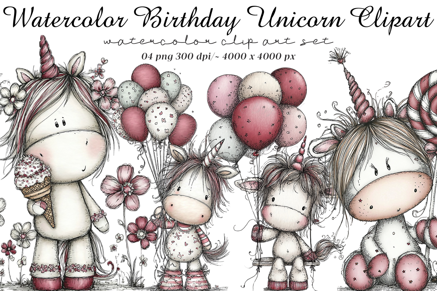 Watercolor Birthday Unicorn Clipart product image 1