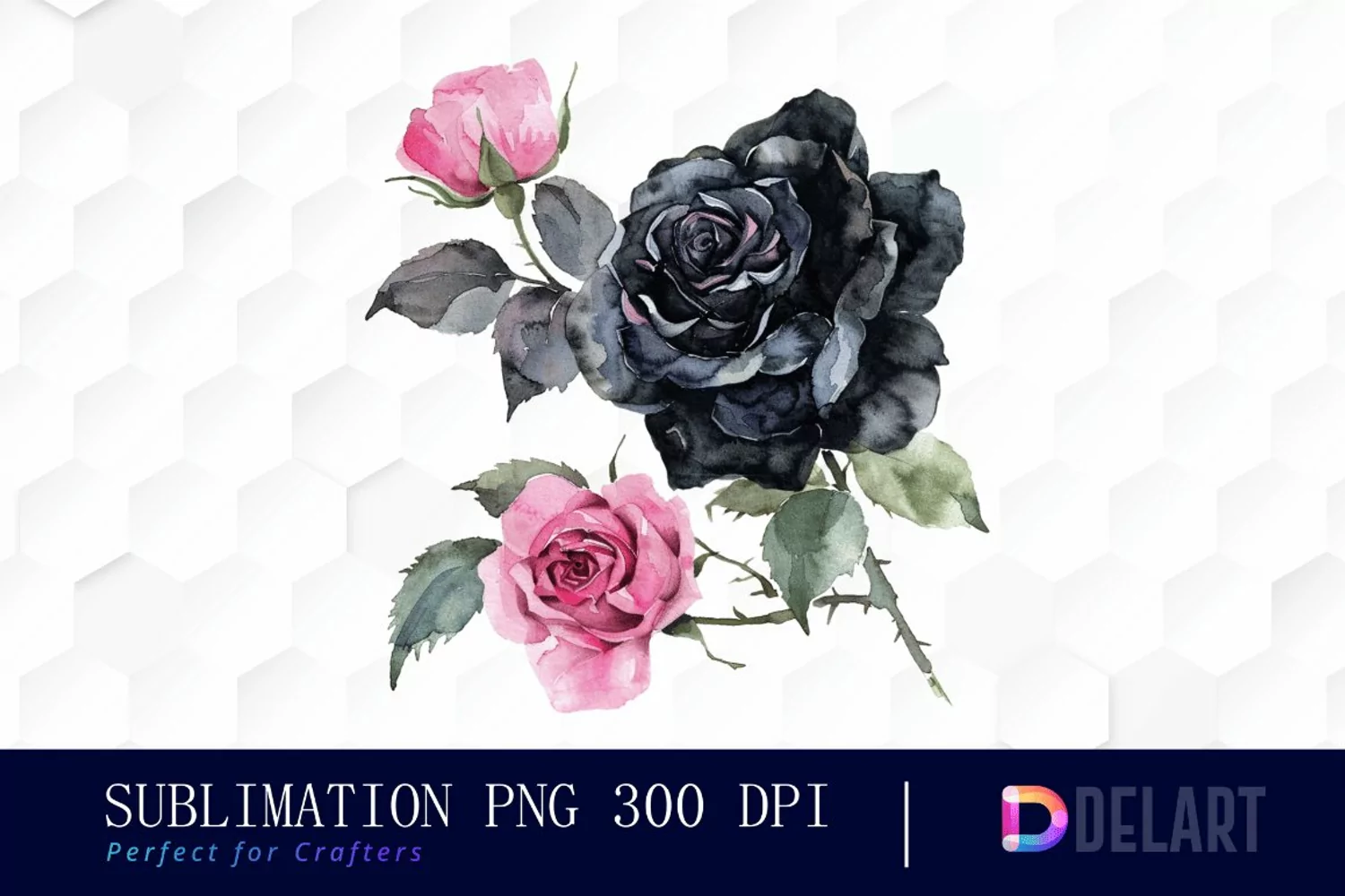 Black and Pink Roses Watercolor Clipart product image 1