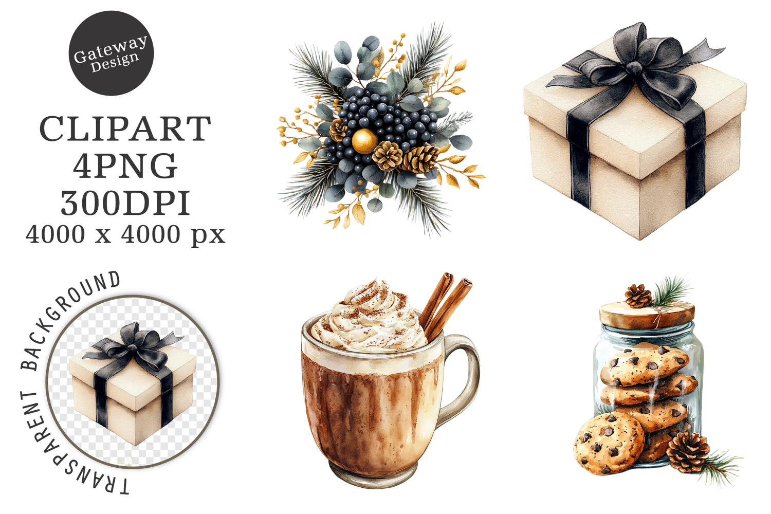 Watercolor Black Christmas Clipart product image 1
