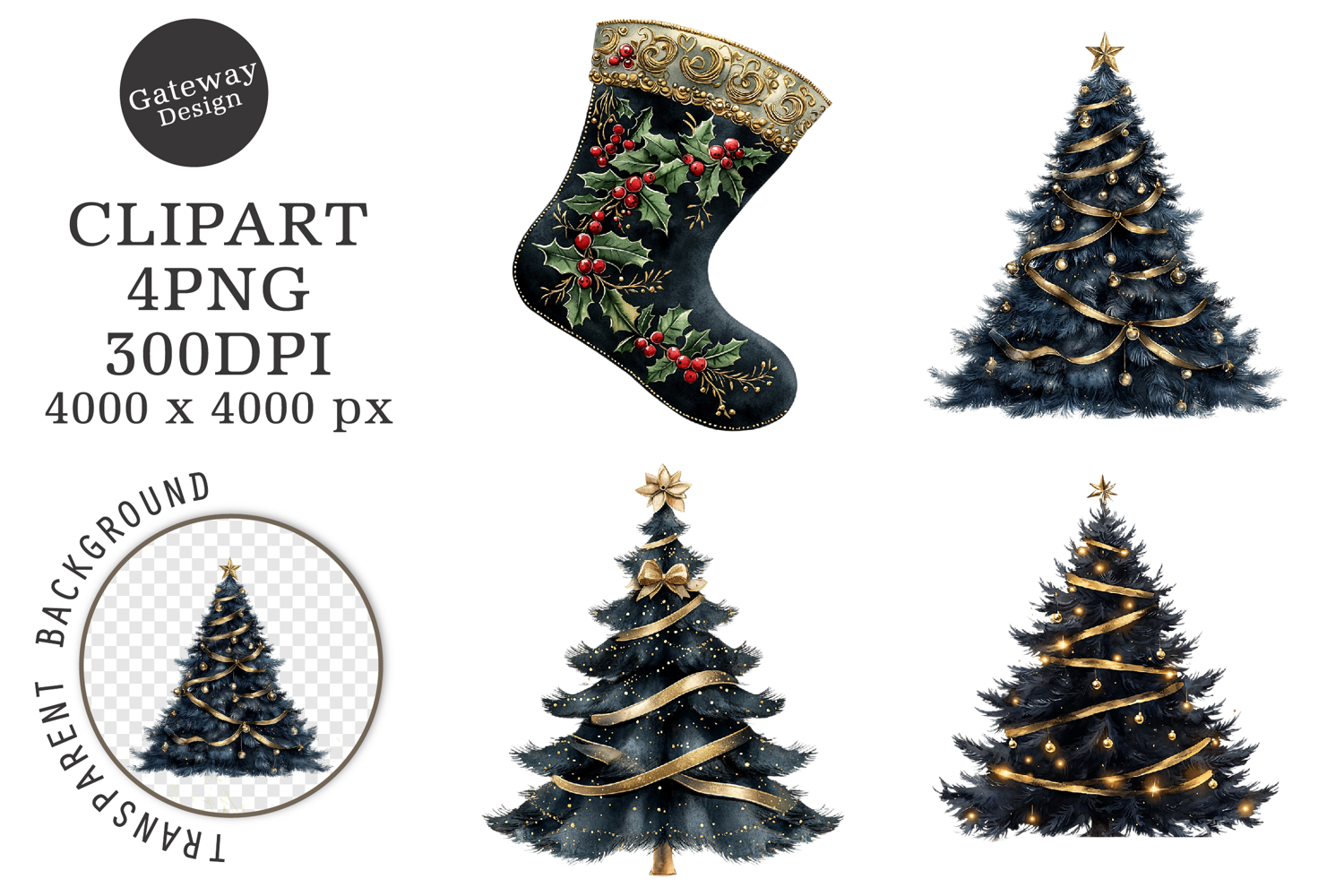 Watercolor Black Christmas Clipart product image 1