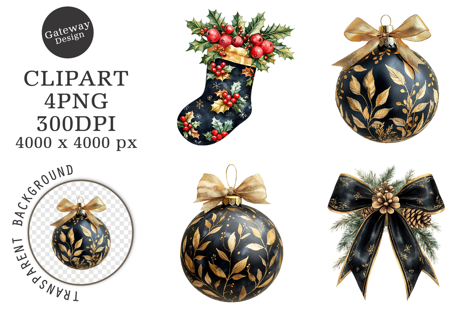 Watercolor Black Christmas Clipart product image 1