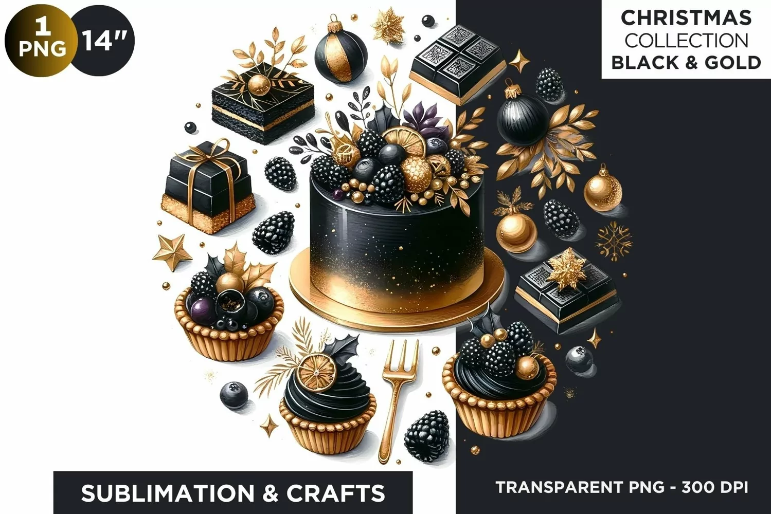 Black & Gold Christmas Desserts and sweets Clipart product image 1