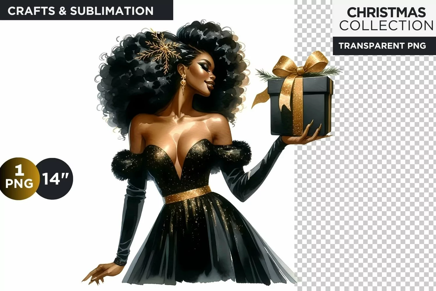 Black & Gold Christmas Black Girl Clipart PNG product image 1