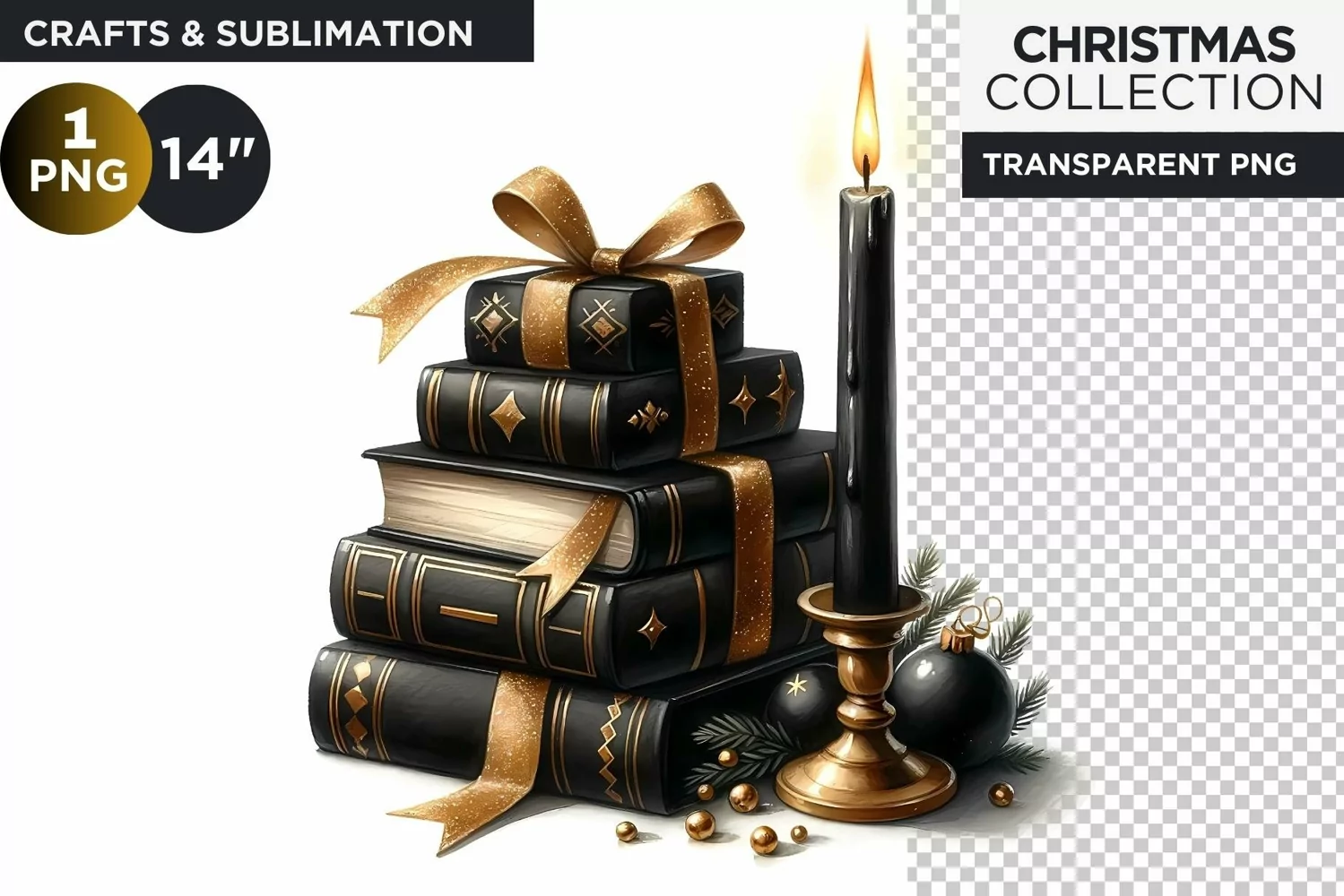 Watercolor Black & Gold Christmas Books Clipart PNG product image 1