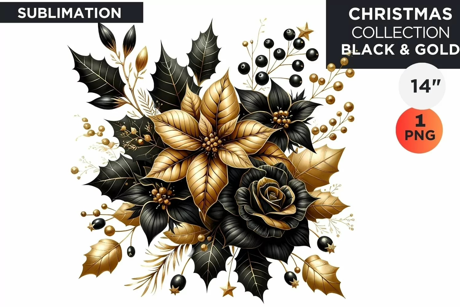Watercolor Black & Gold Christmas Flowers Clipart PNG product image 1