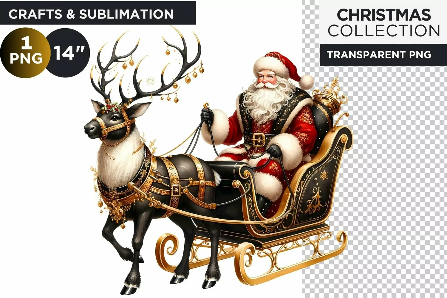 Black & Gold Santa claus with reindeers Clipart PNG product image 1