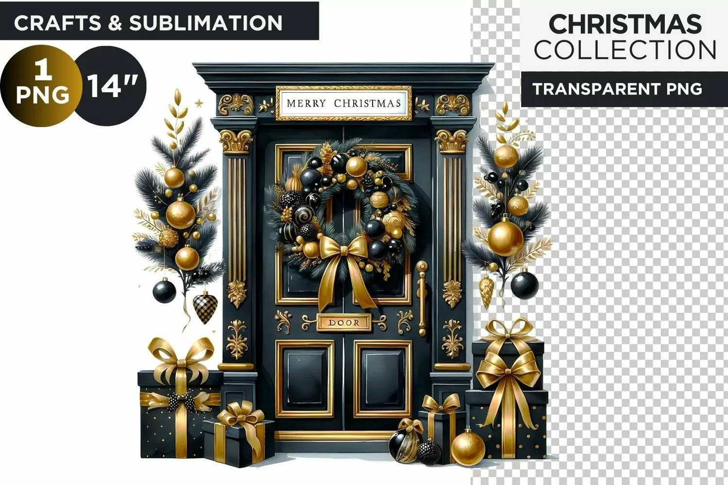Watercolor Black & Gold Christmas Door house Clipart PNG product image 1