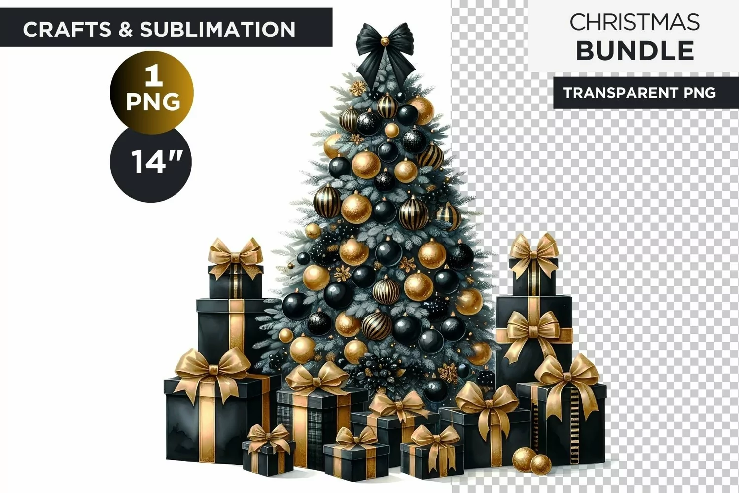 Black & Gold Christmas Tree and gifts Clipart PNG product image 1