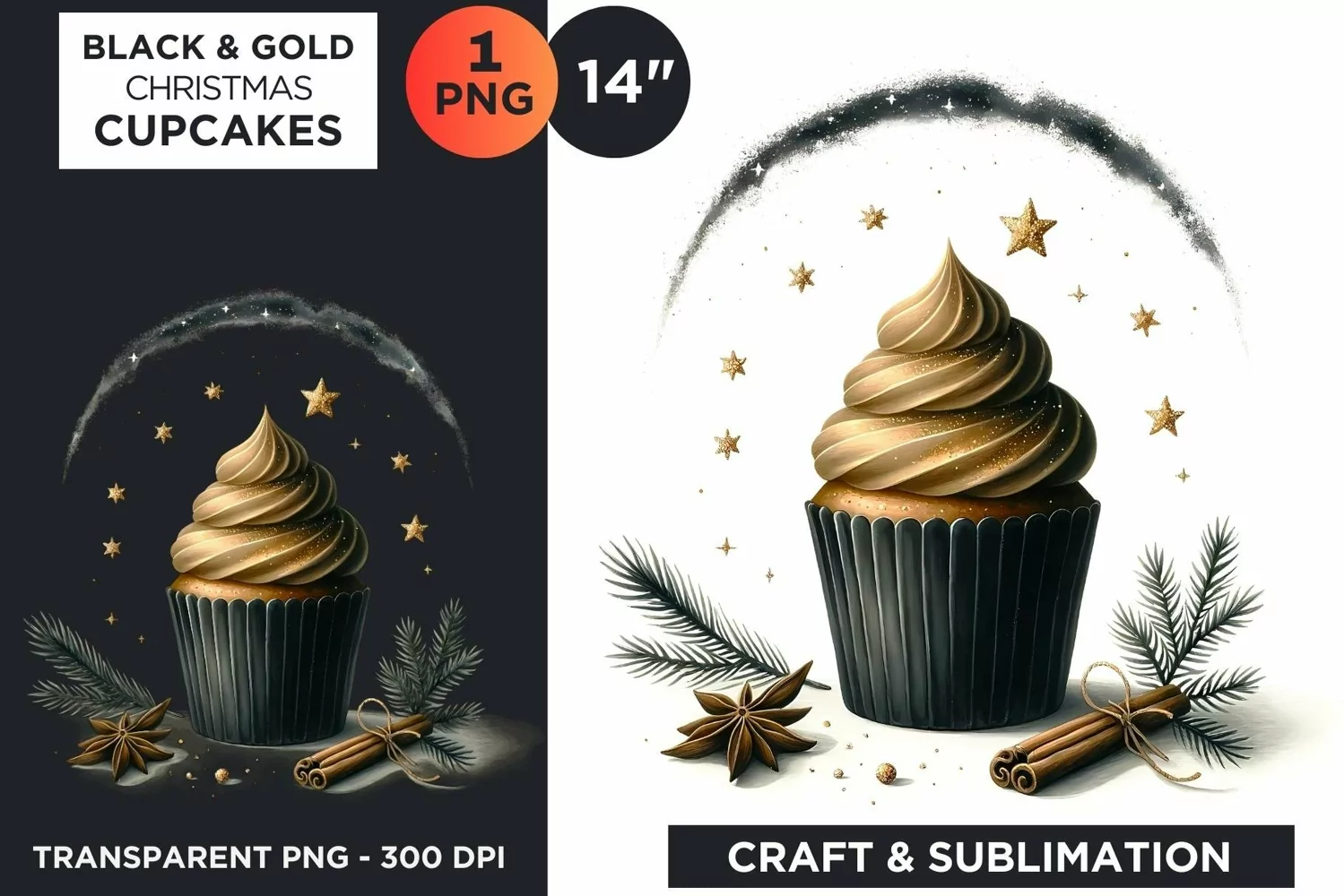 Black & Gold Christmas Cupcakes Clipart PNG product image 1