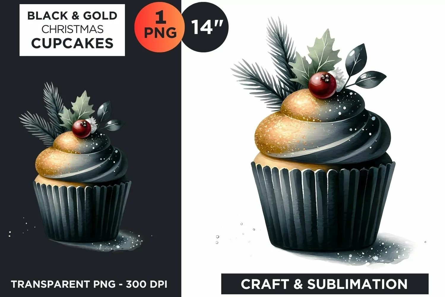 Black & Gold Christmas Cupcakes Clipart PNG product image 1