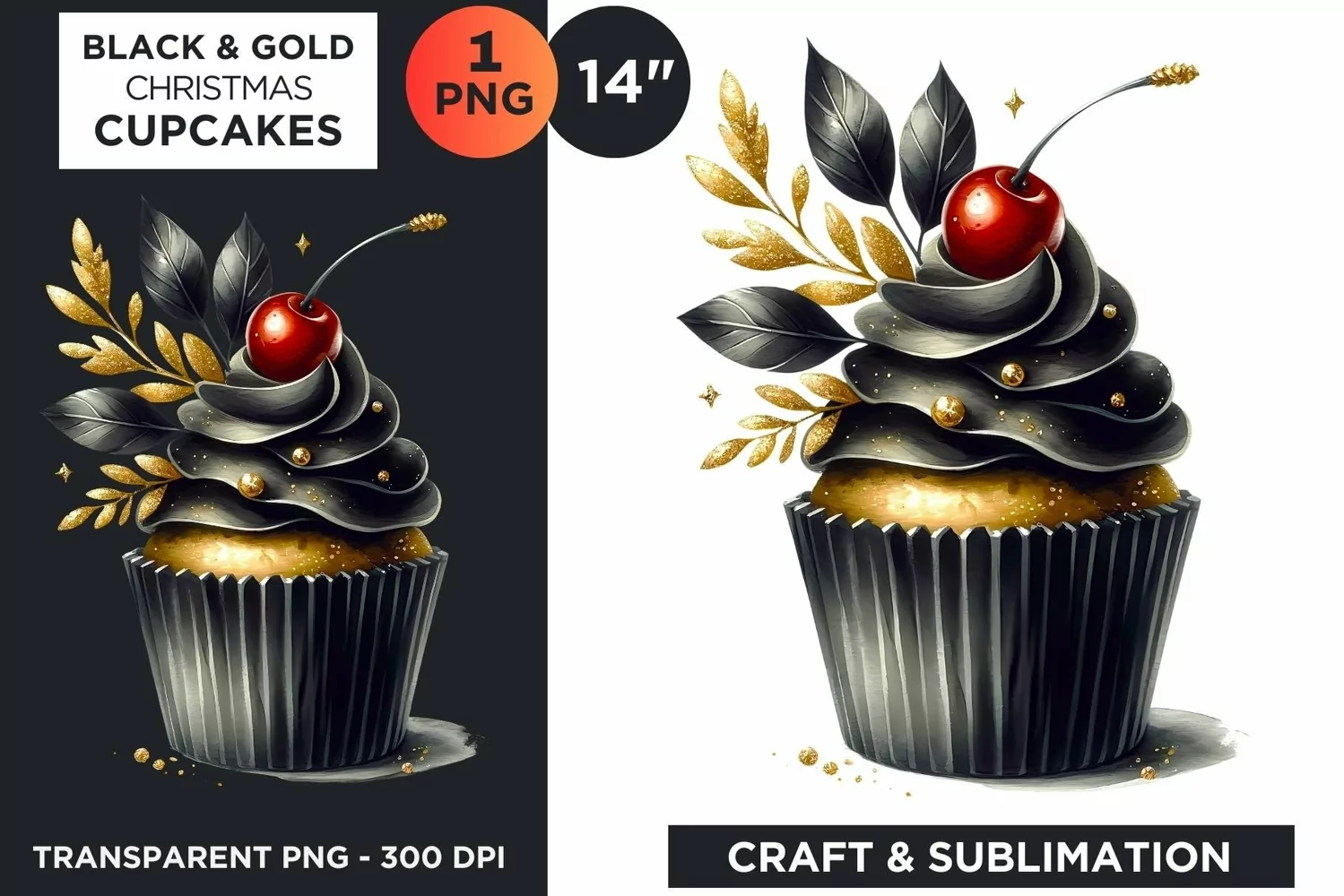 Black & Gold Christmas Cupcakes Clipart PNG product image 1