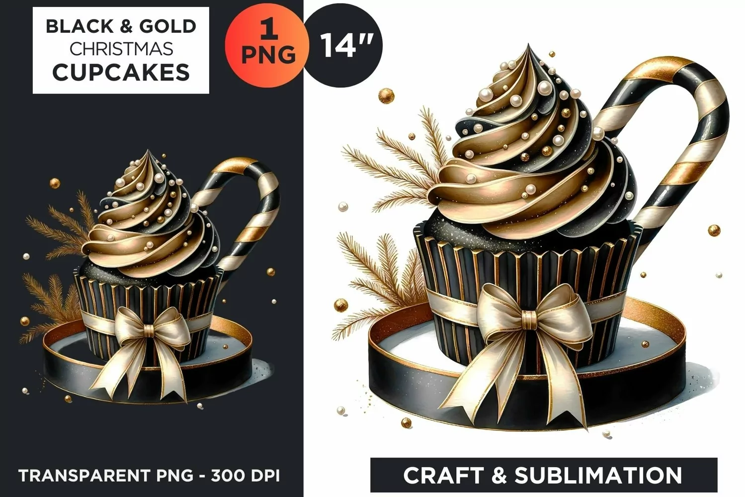 Black & Gold Christmas Cupcakes Clipart PNG product image 1