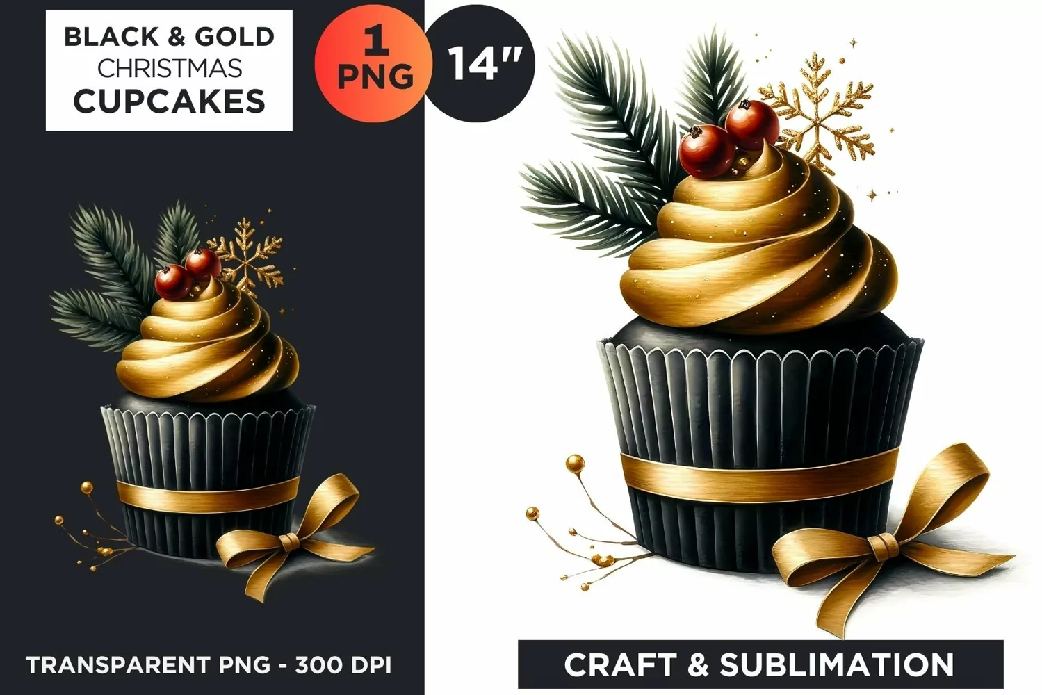 Black & Gold Christmas Cupcakes Clipart PNG product image 1