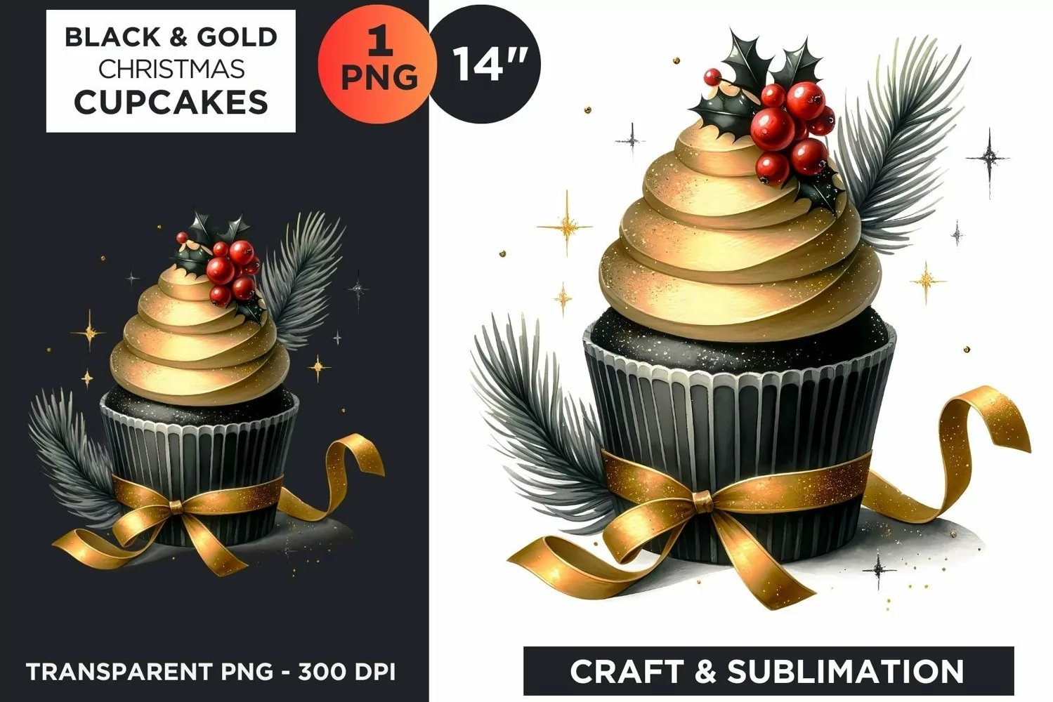 Black & Gold Christmas Cupcakes Clipart PNG product image 1