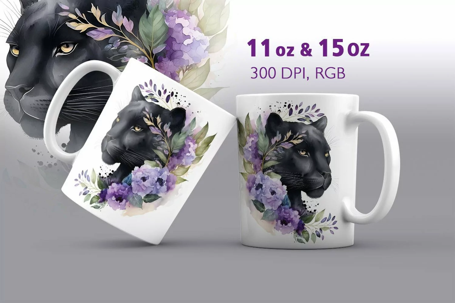 Watercolor Black Panther Mug Sublimation product image 1