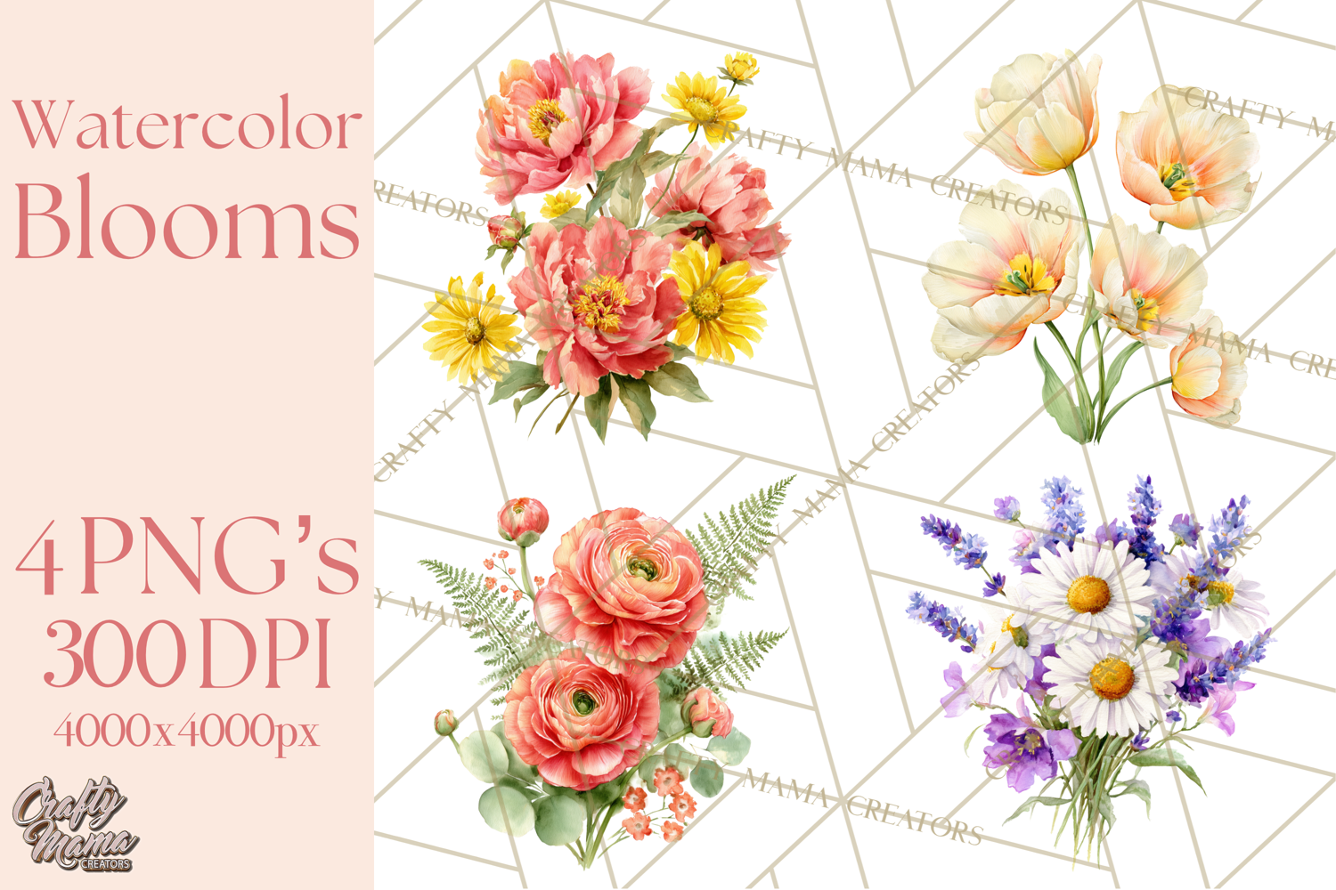 Soft Watercolor Floral Clipart, Spring Bouquets, Flowers PNG product image 1