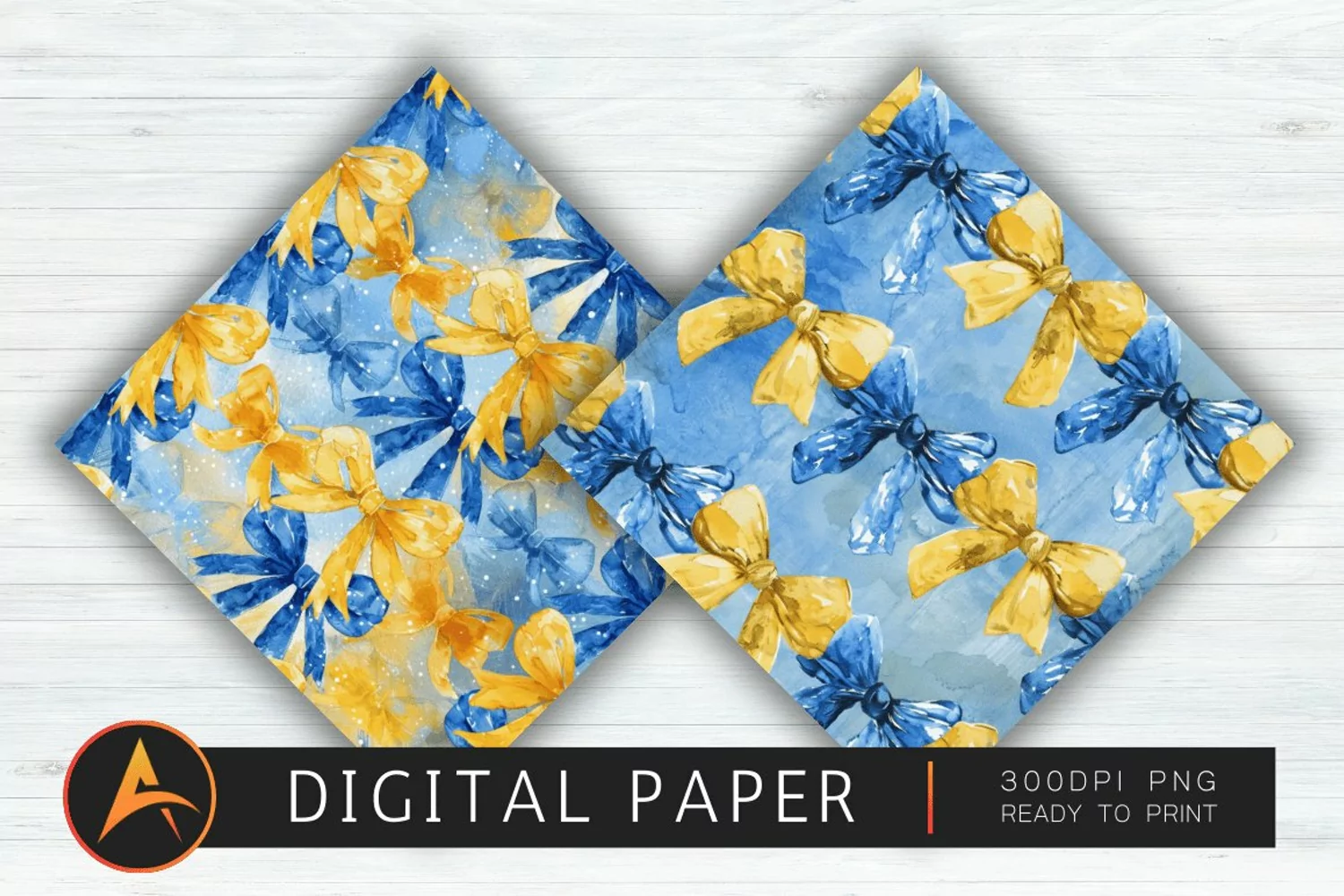 Watercolor Blue and Yellow Coquette Bows Digital Paper product image 1