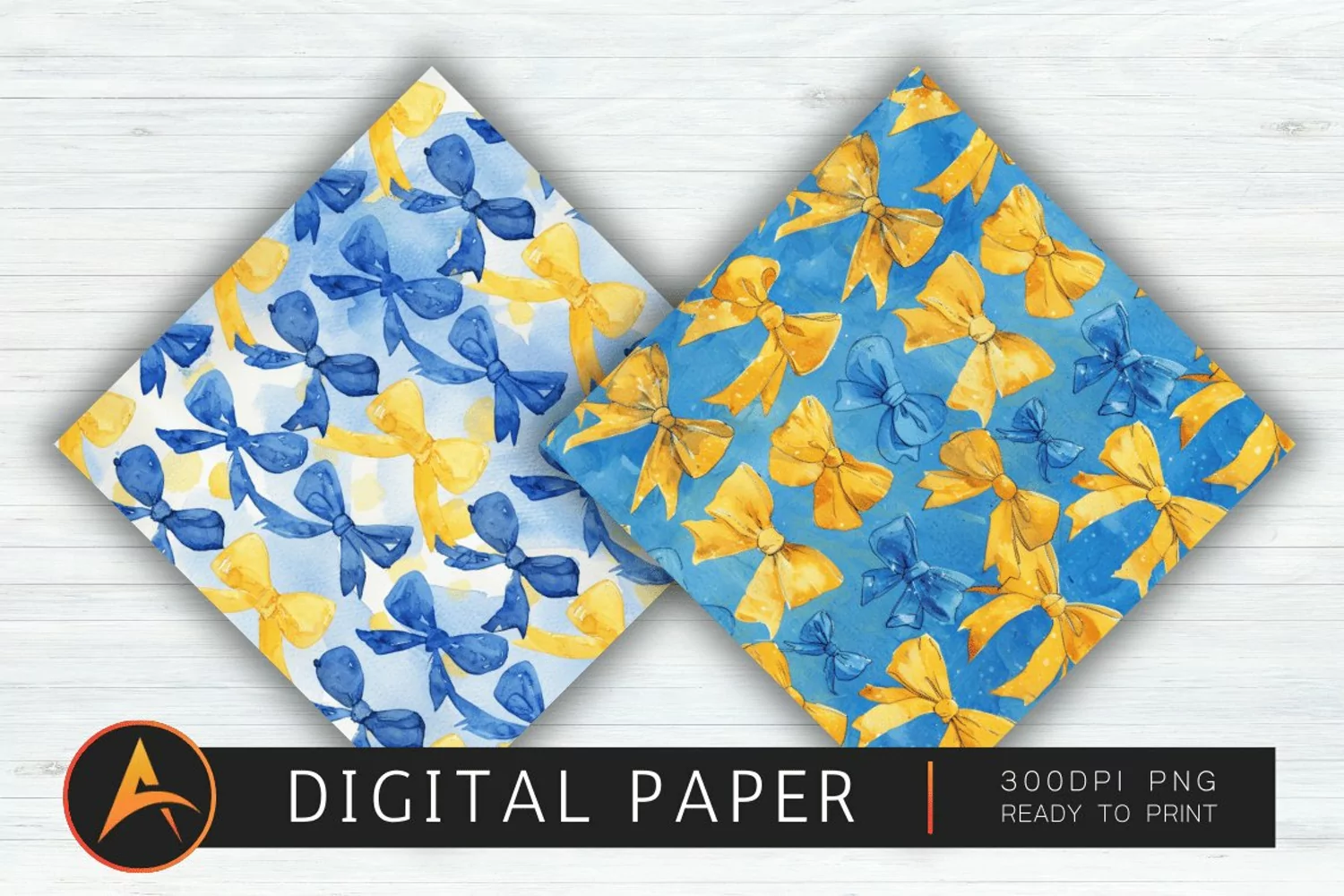 Watercolor Blue and Yellow Coquette Bows Digital Paper product image 1