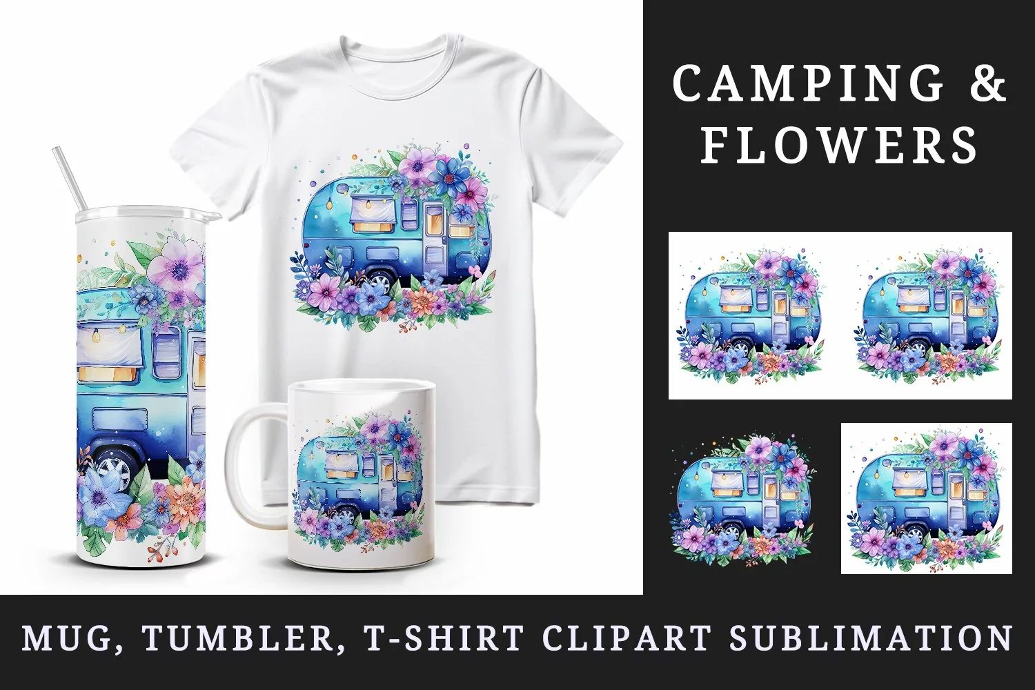 Watercolor blue camper camping floral sparkle flowers roses travel car 20 oz tumbler skinny mug wrap clipart t-shirt sublimation printable design