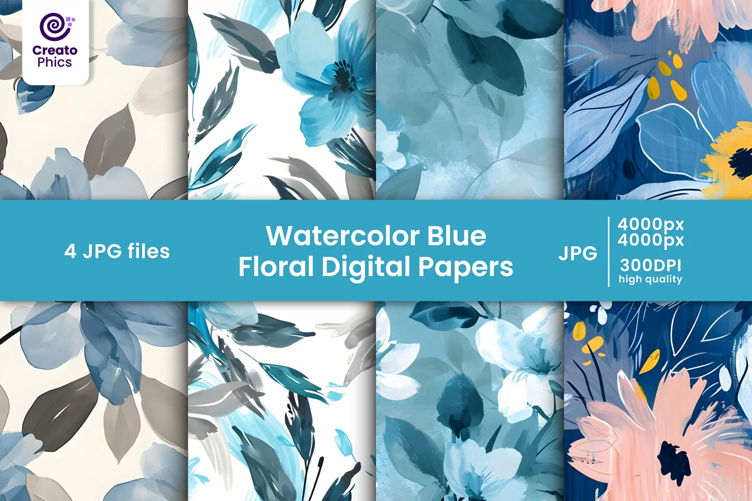 floral patterns, floral digital papers, flower pattern, watercolor blue, blue floral patterns, set,