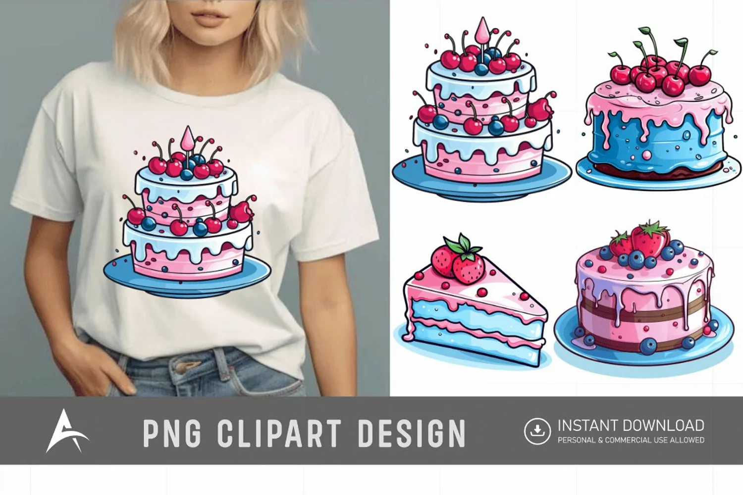 Watercolor Blue Pink Cakes Clipart product image 1