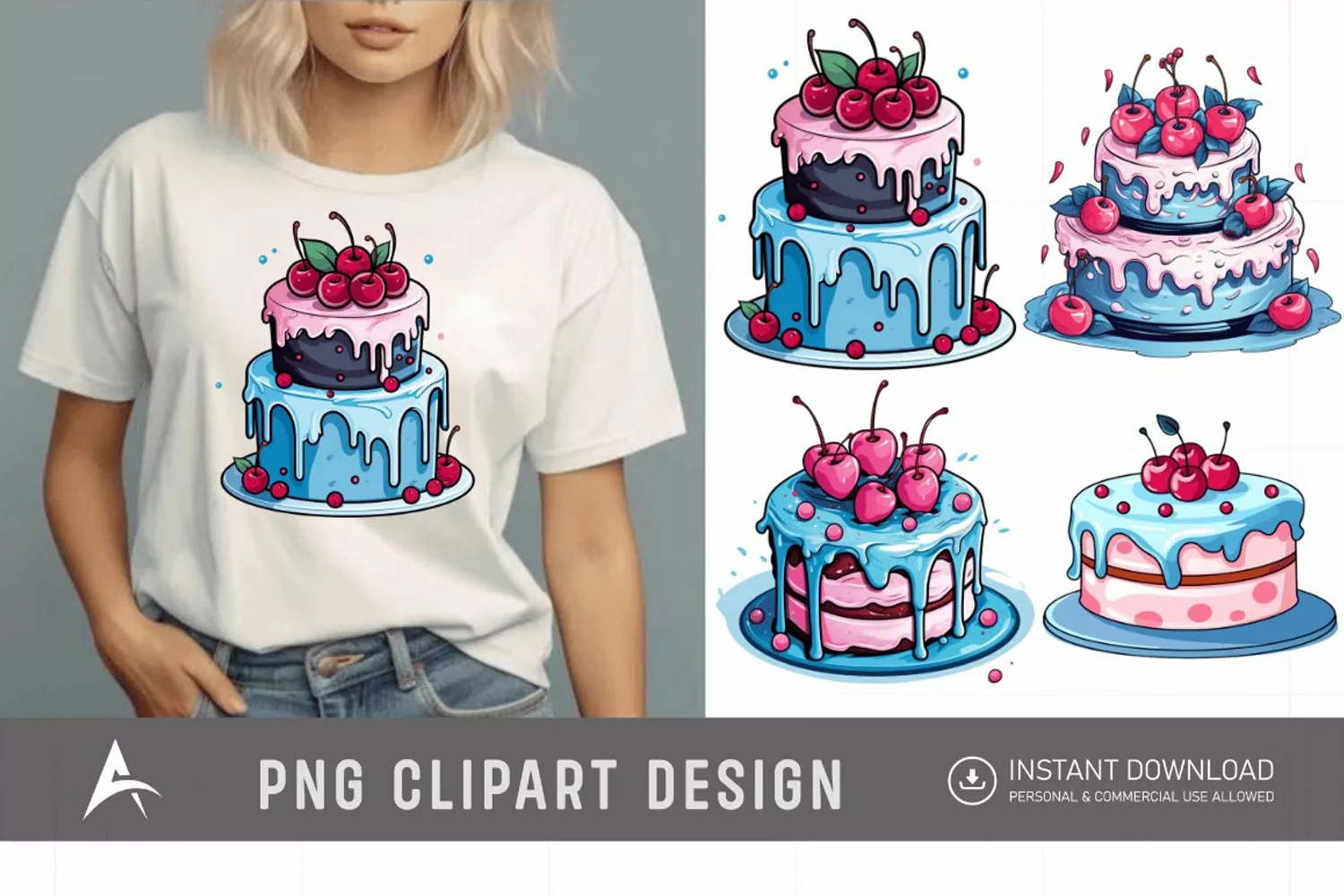 Watercolor Blue Pink Cakes Clipart product image 1