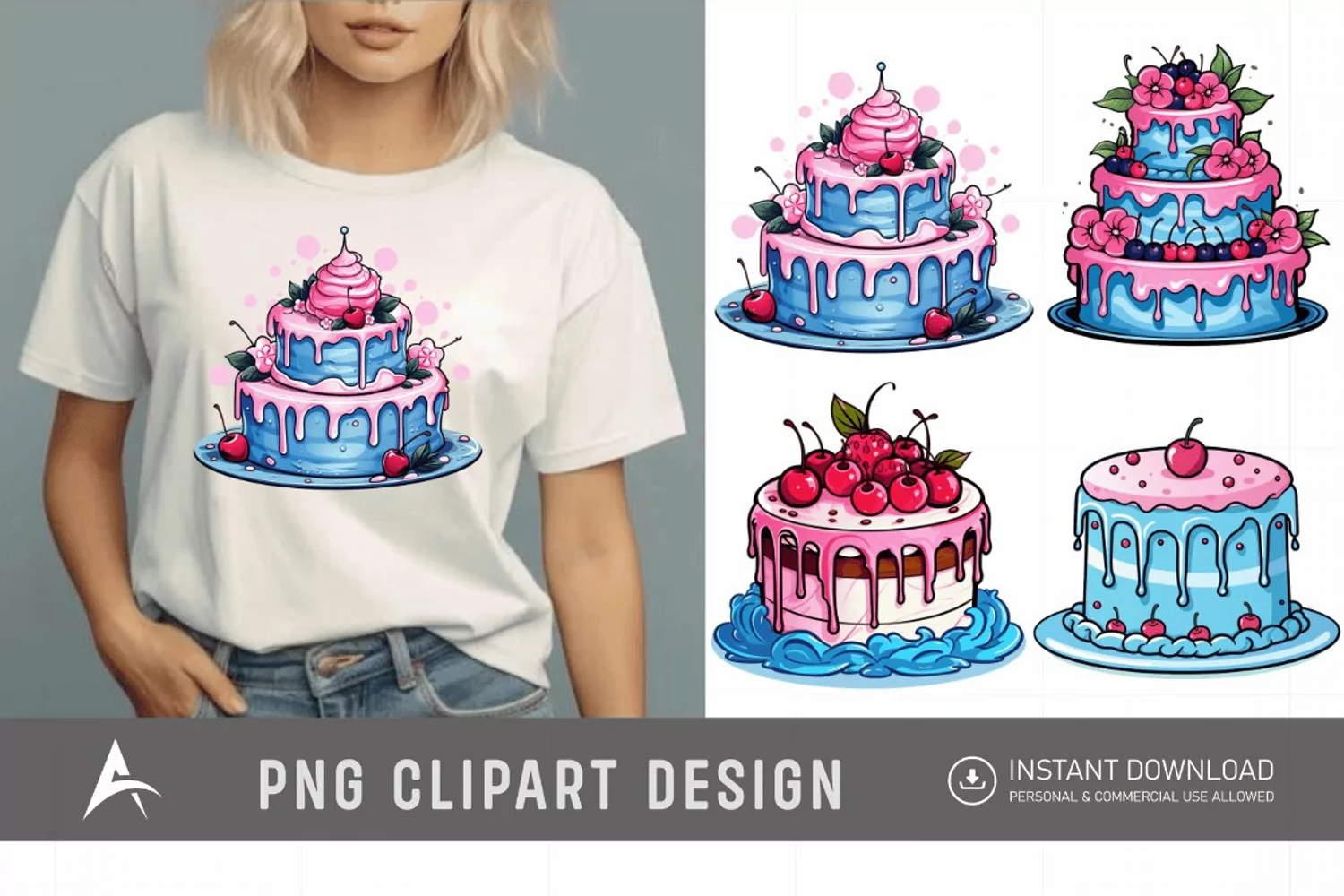 Watercolor Blue Pink Cakes Clipart product image 1