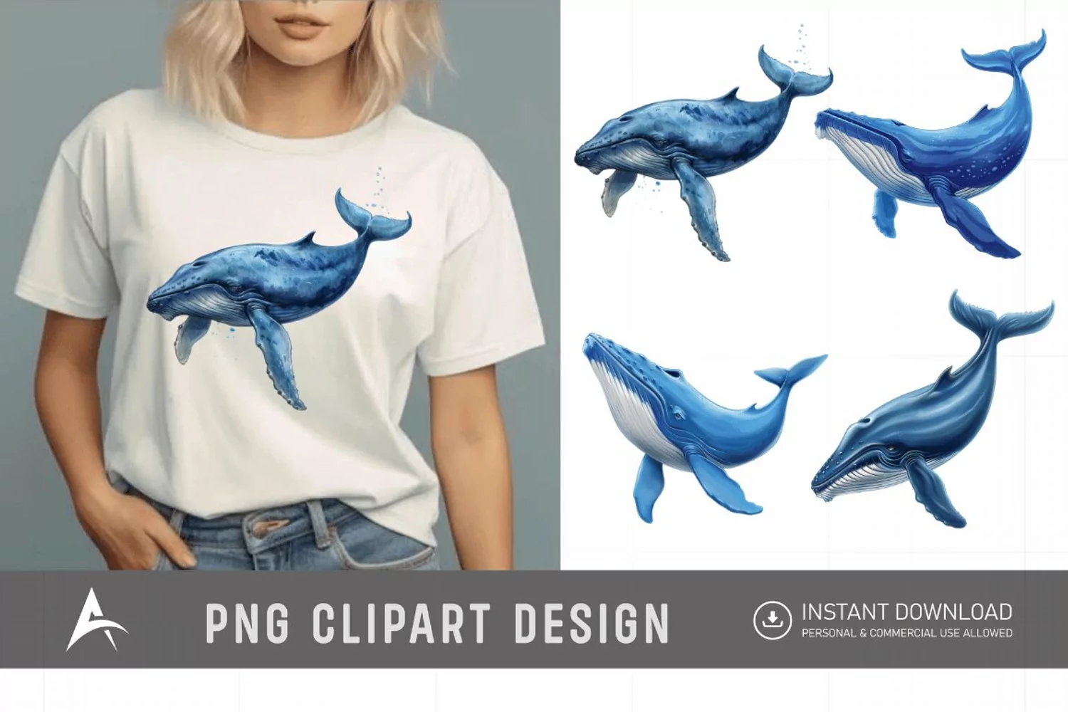 Watercolor Blue Whale Clipart product image 1