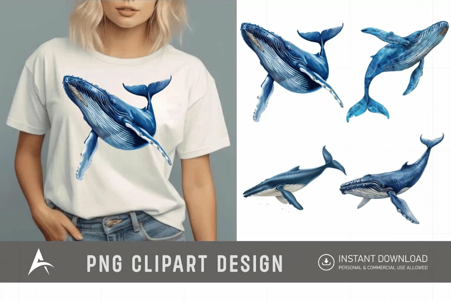 Watercolor Blue Whale Clipart product image 1