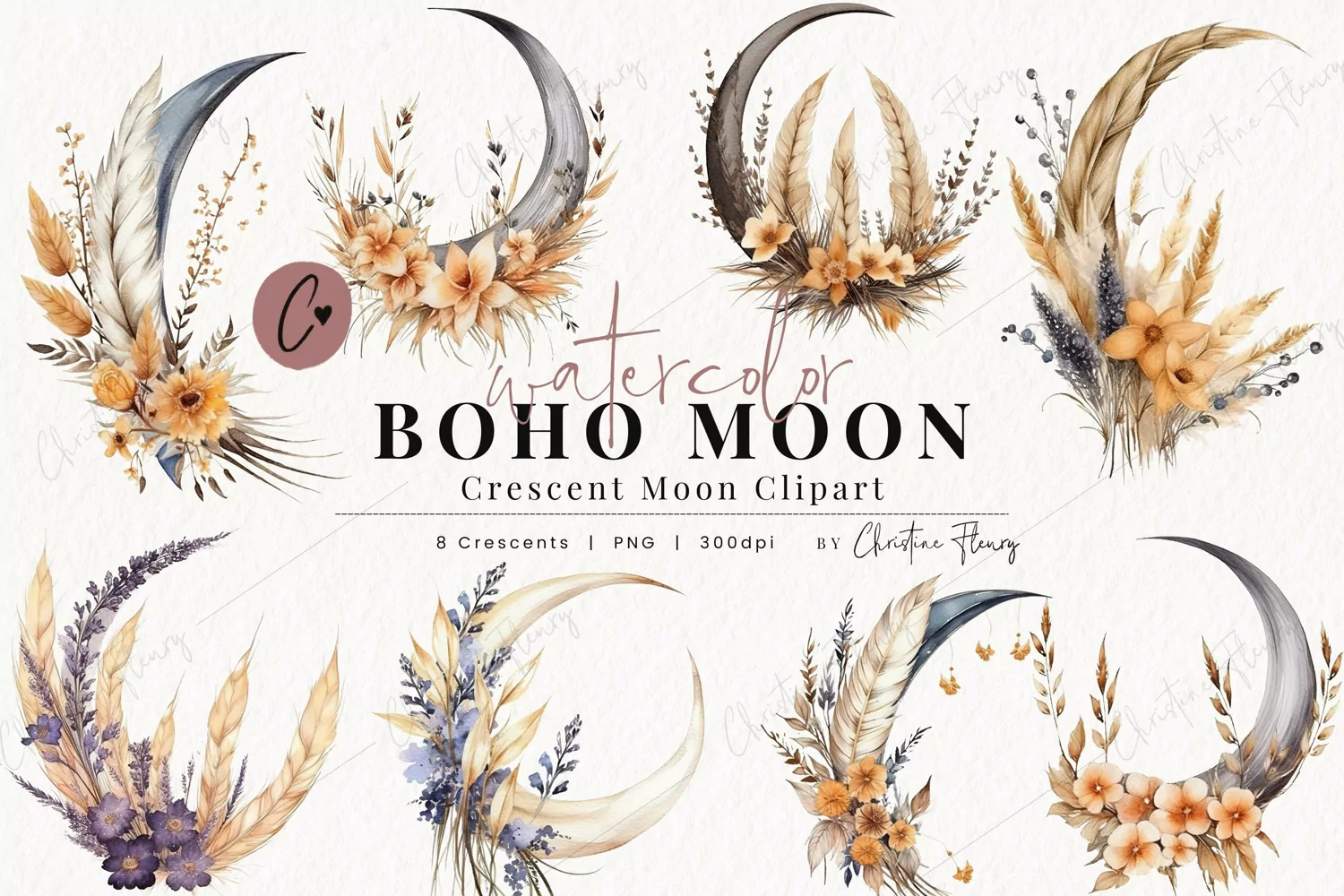 Watercolor Boho Moon Floral Clipart product image 1