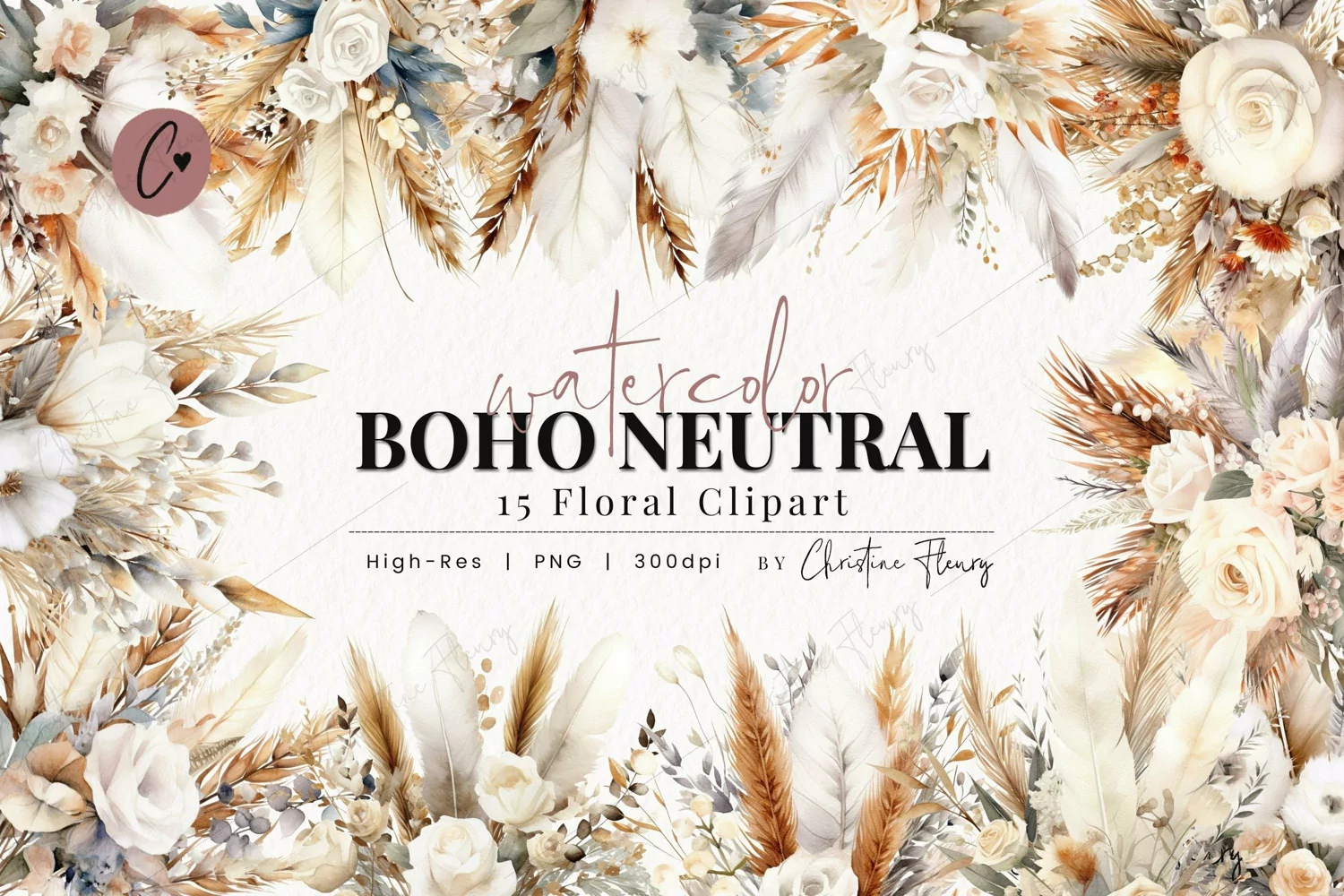Watercolor Boho Neutral Floral Clipart product image 1