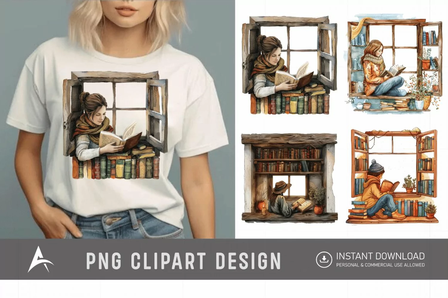 Watercolor Book Lover in a Window Nook Clipart product image 1