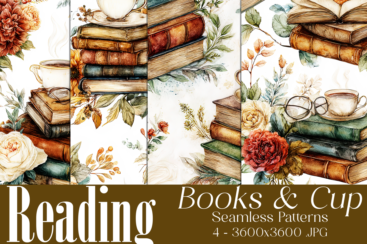 Book Seamless Pattern, Vintage Books, Cup of Tea Patterns s3 product image 1