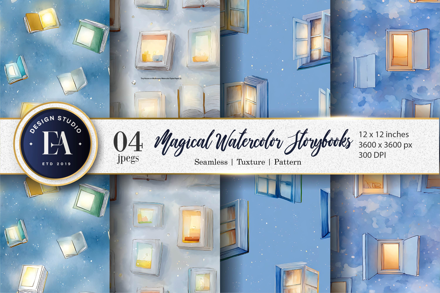 Watercolor Books Opening to Glowing Scenes Digital Paper product image 1