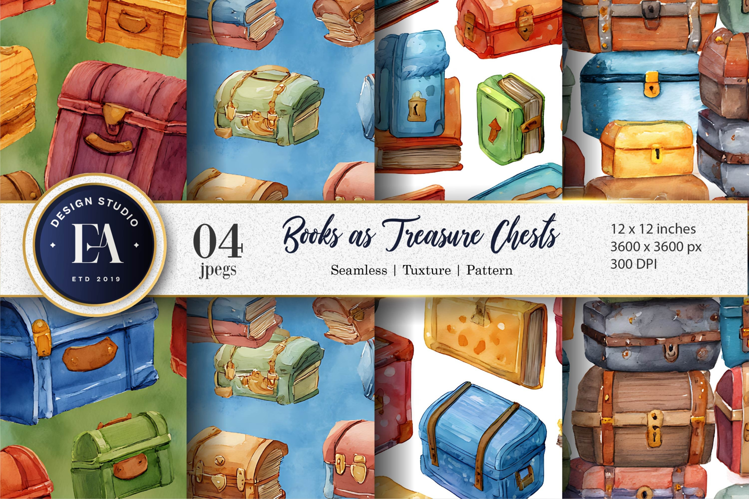 Watercolor Book Chests Seamless Pattern Digital Paper product image 1