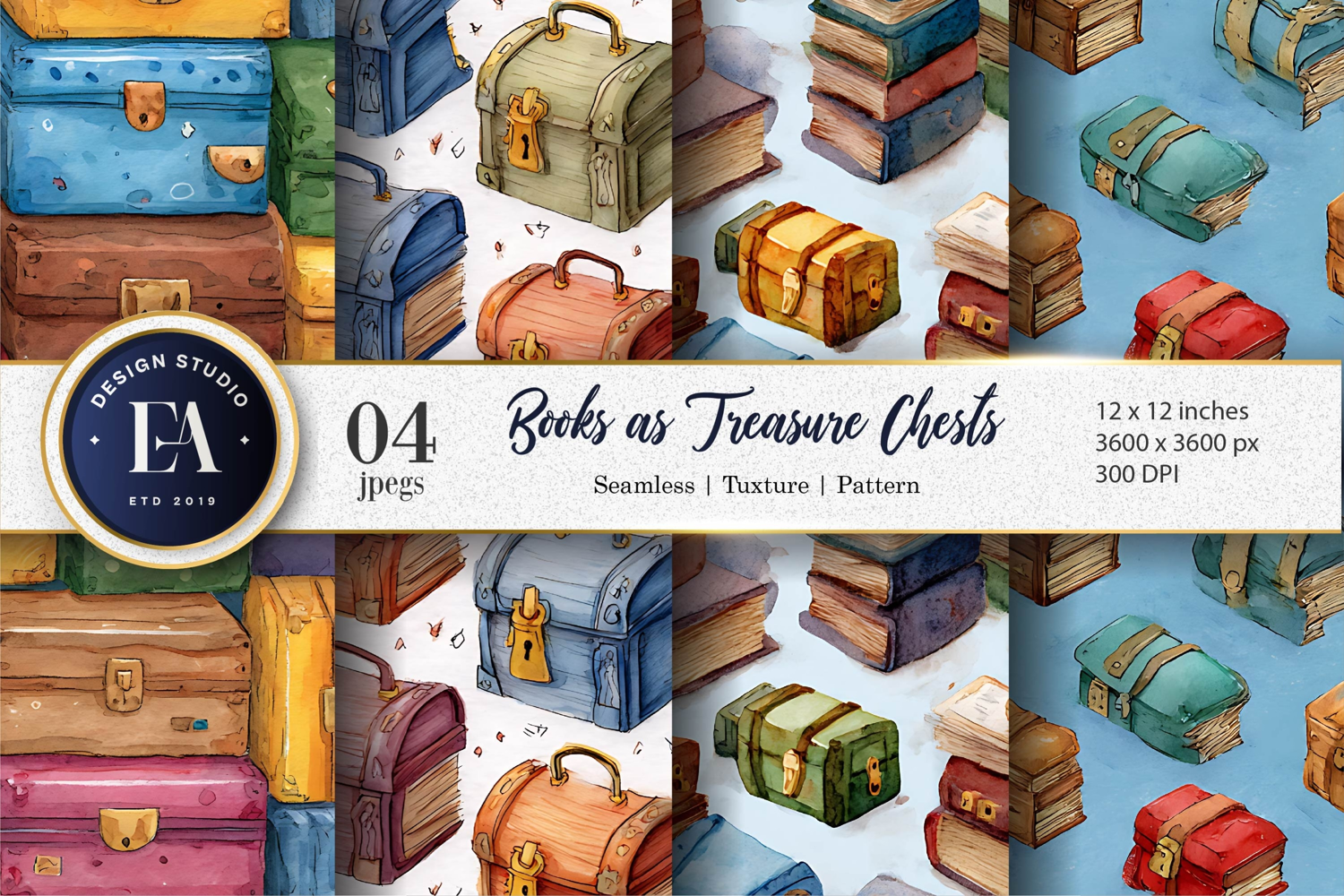 Watercolor Books Shaped Like Treasure Chests Digital Paper product image 1