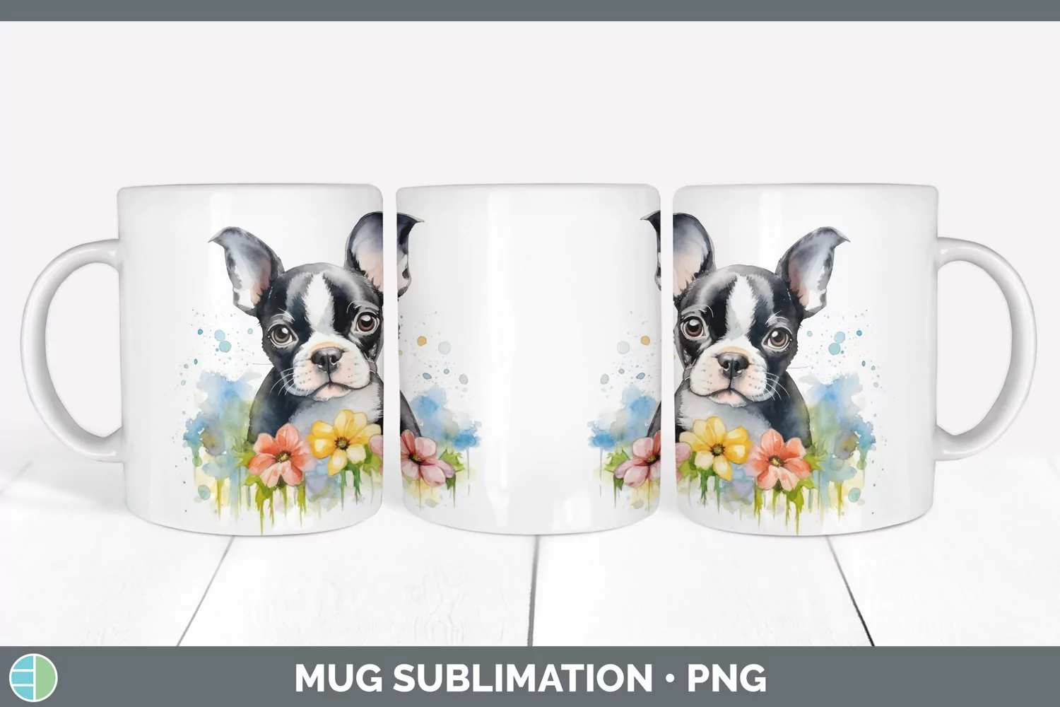 GorgeousWild Flowers Boston Terriers Mug Wrap design.