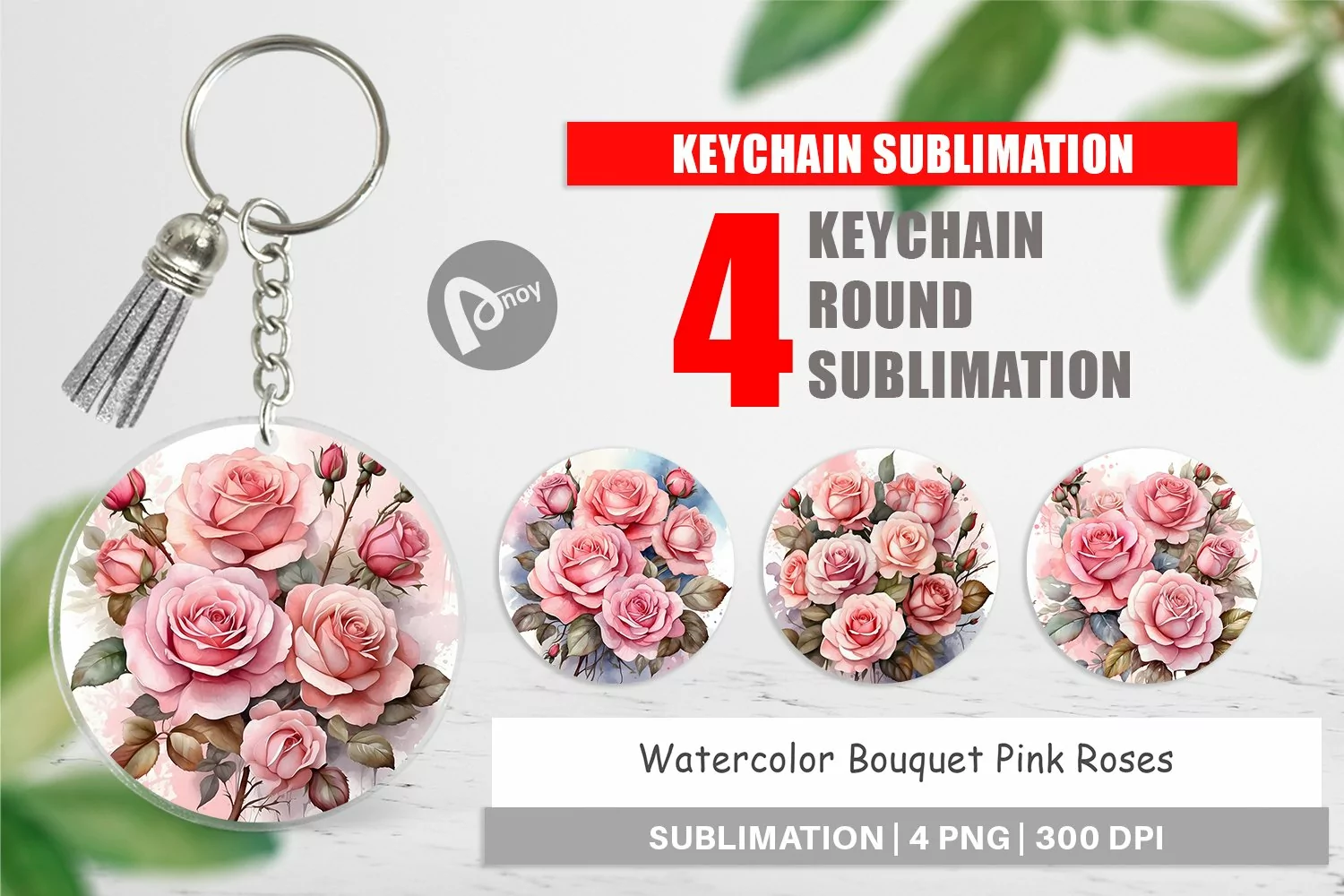 Keychain Watercolor Bouquet Pink Roses product image 1
