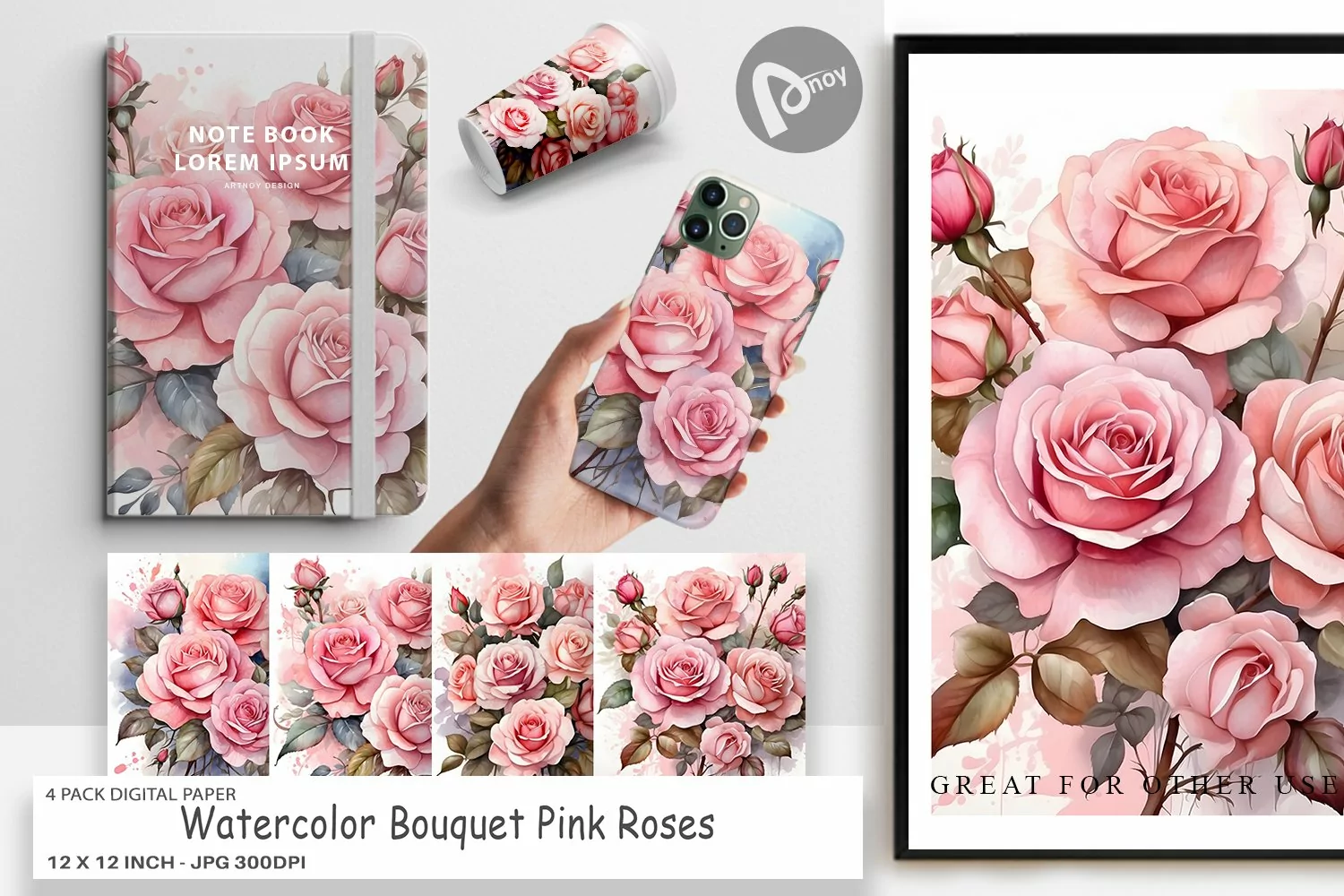 Digital Paper Watercolor Bouquet Pink Roses product image 1