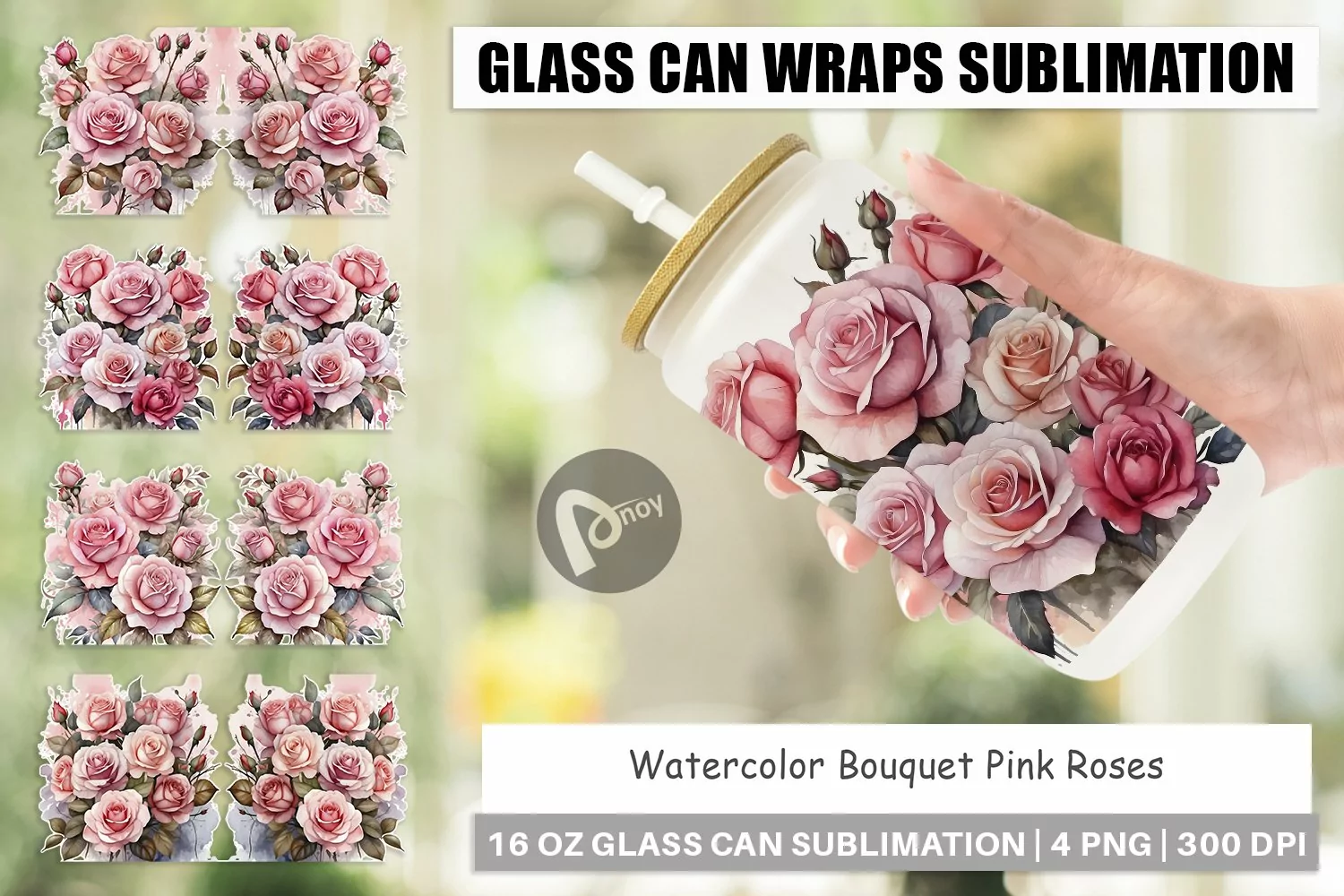 Glass Can Wraps Watercolor Bouquet Pink Roses product image 1