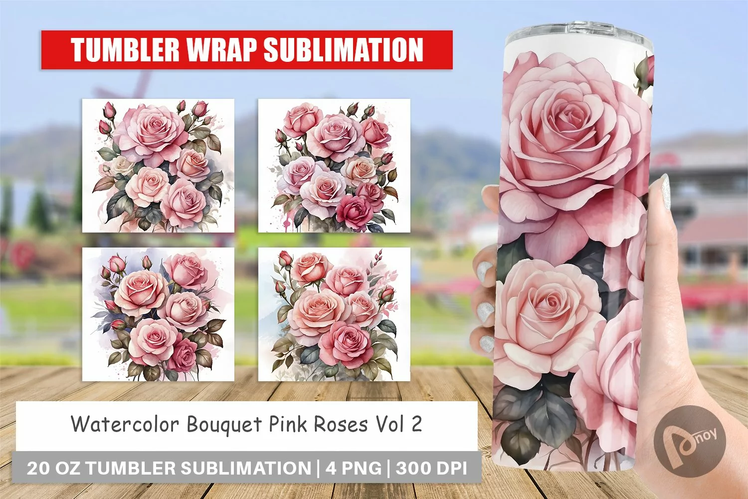 Tumbler Sublimation Wrap Watercolor Bouquet Pink Roses product image 1