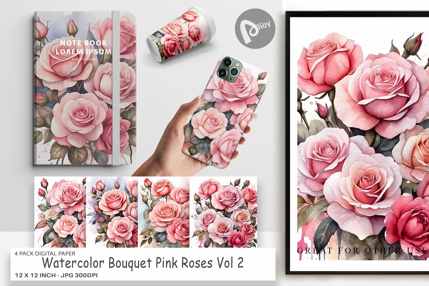 Digital Paper Watercolor Bouquet Pink Roses product image 1